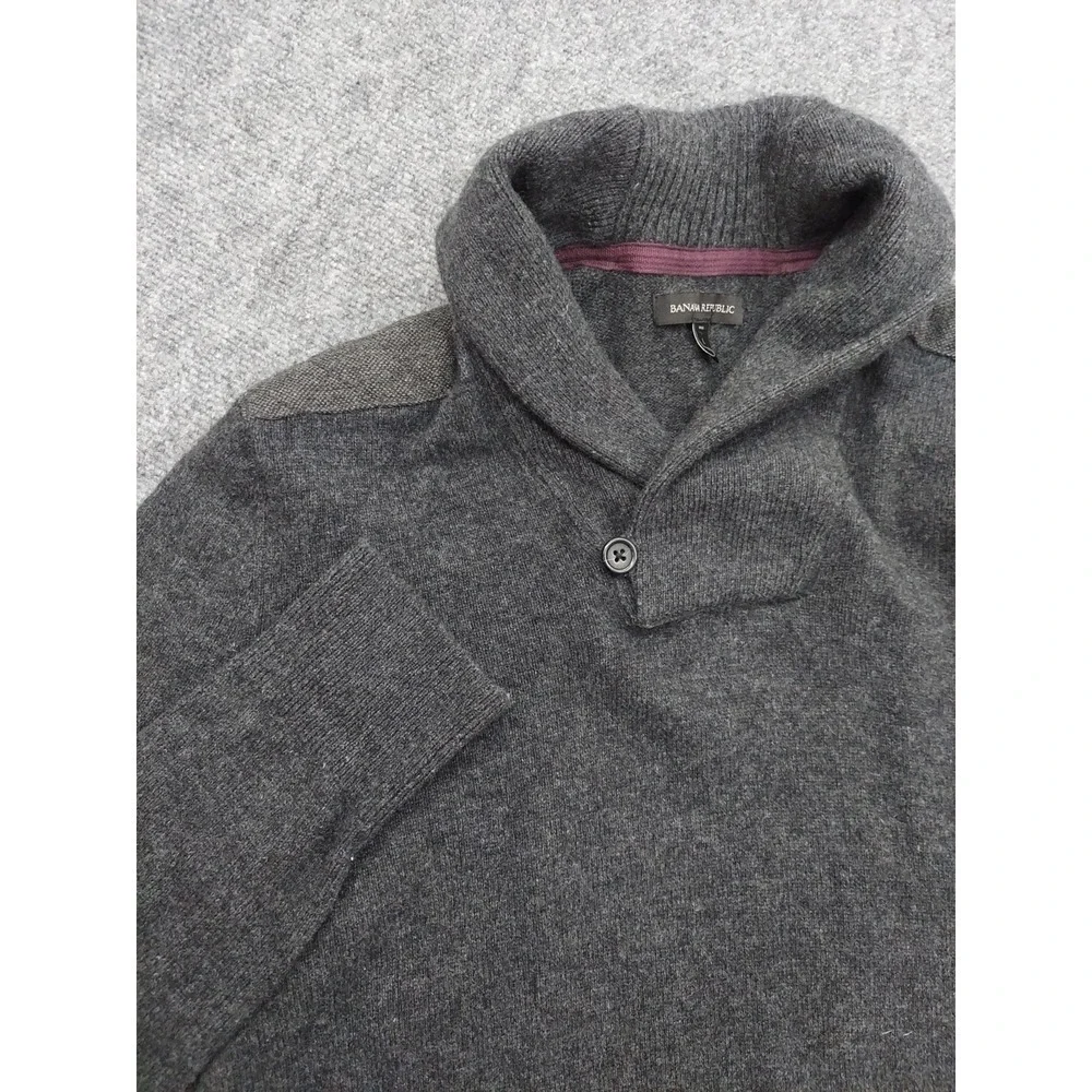 Banana Republic Wool Sweater Mens Large Tall Gray Shawl Collar Quilted Shoulders